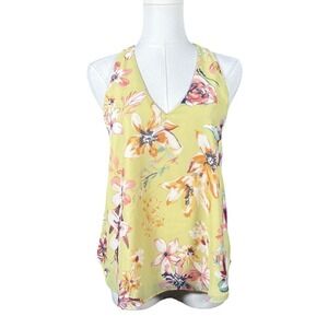 Three Eighty Two Womens Floral Halter Tank Top Yellow V-Neck Racerback XS